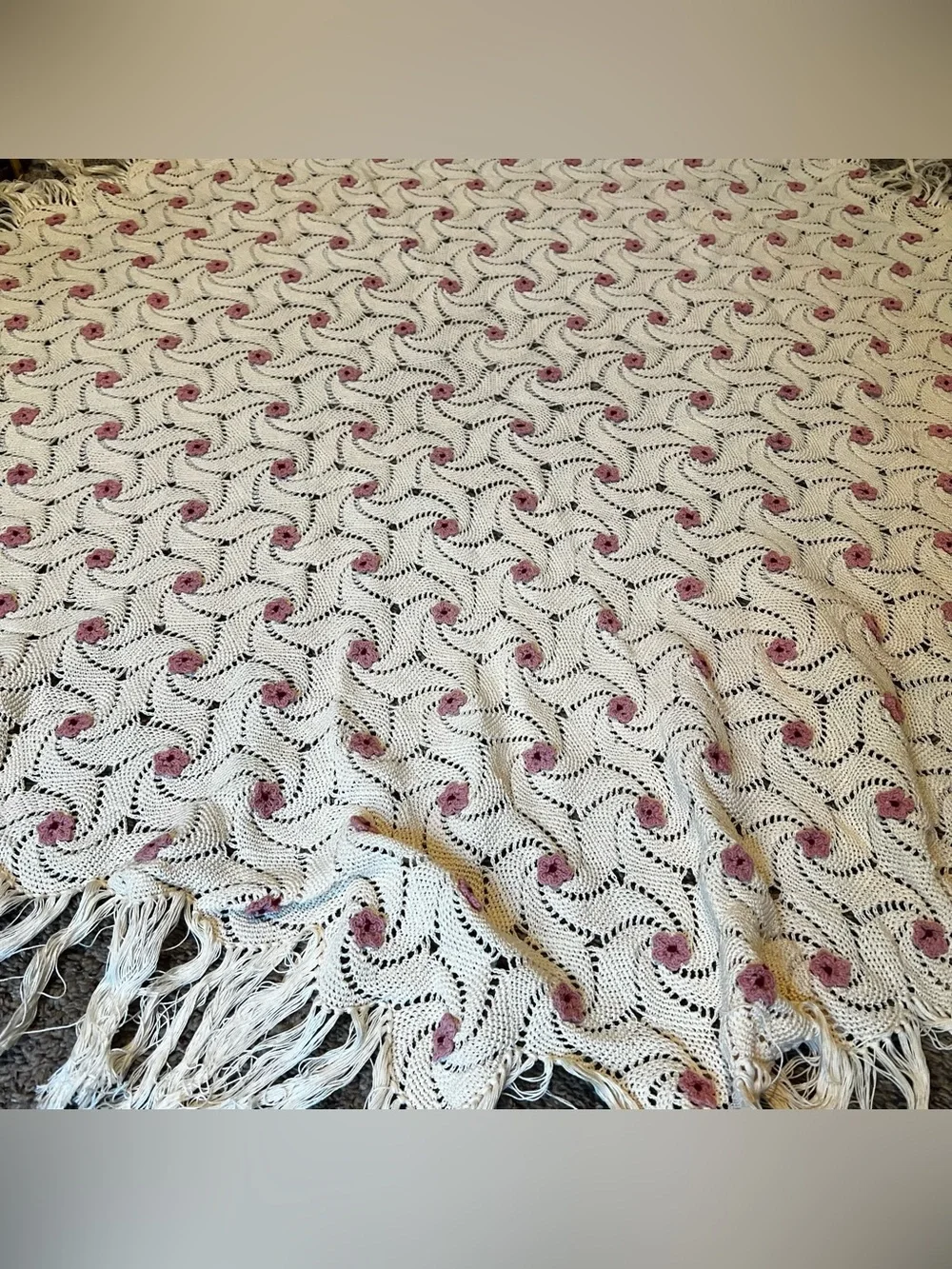 Vintage Hand Crochet Knit Round Throw Blanket or Table Cloth 54